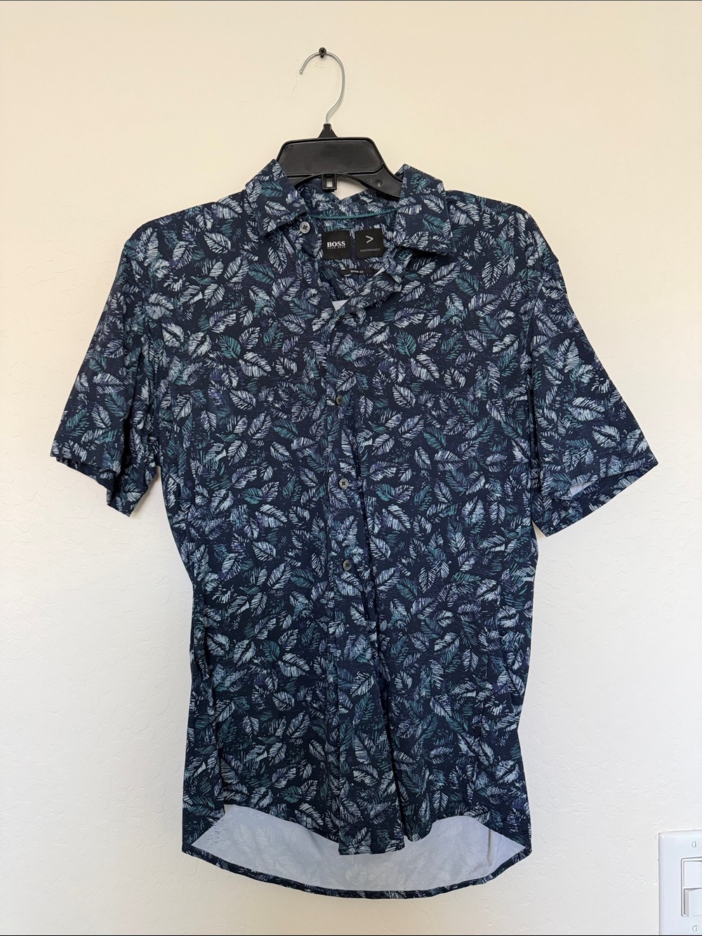 BOSS Navy Leaf-Print Short Sleeve Button-Down Shirt